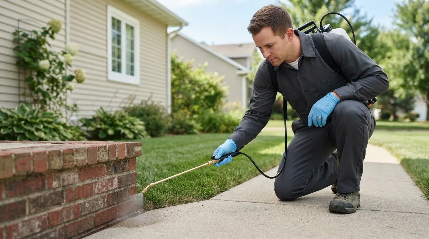 Pest control technician treating a home near Larimore, ND